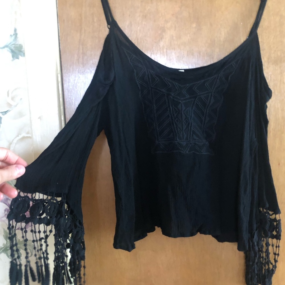 Cold shoulder open back flared sleeve top XS